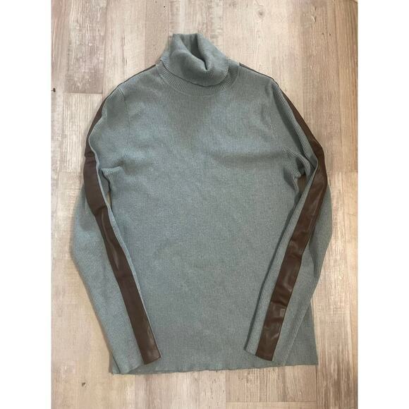 Lauren Ralph Lauren Faux Leather Trim Turtleneck Sweater XL Teal Heather/brown - Picture 10 of 11